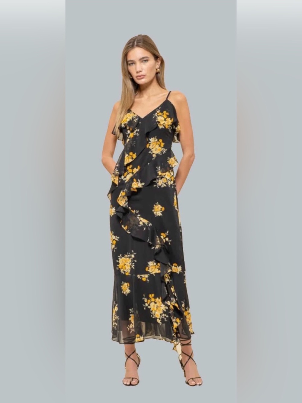 The Workshop Black & Yellow Floral Long Ruffle Tiered Dress. Sz M NWT/0377